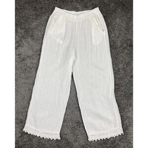Spighe Di Lino Linen Wide Leg Pants Women's White Crochet Lace Hem Italy Size L